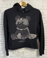 Avenue George V Paris Black Rhinestone Teddy Bear Sweat Shirt Black Hoodie WORN
