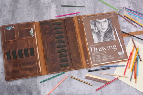 Leather sketchbook cover case for sketch pad 9" x 12" Drawing Sketch Pad Holder - Afbeelding 1 van 13