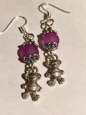 Rustic Silver Teddy Bear Charm Dangle Earrings With Frosted Glass Bead