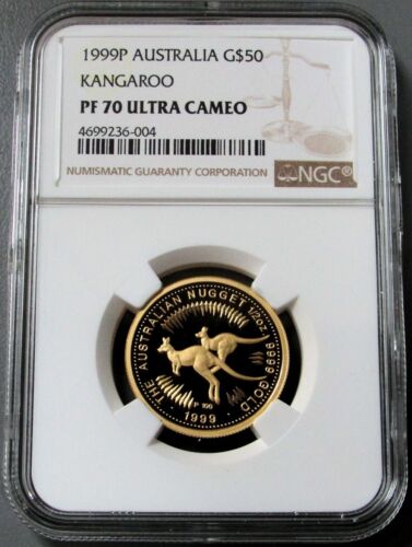 1999 P GOLD AUSTRALIA 815 MINTED $50 KANGAROO 1/2 OZ NGC PROOF 70 ULTRA CAMEO