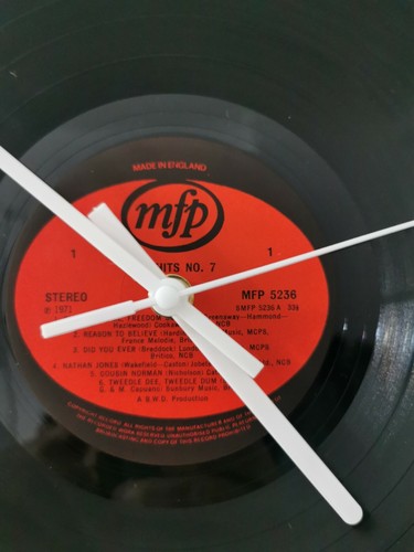 Hand Made Vinyl Record Wall Clock 12" LP Real Record White Clock Hands - Picture 2 of 4