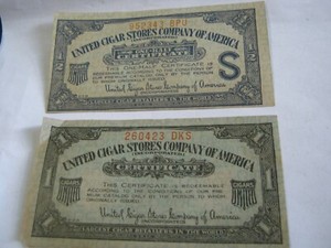 UCSCA United Cigar Stores Company of America, 1/2 WITH "S" & 1 Certificates #11