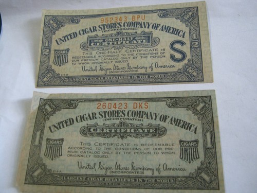UCSCA United Cigar Stores Company of America, 1/2 WITH "S" & 1 Certificates #11
