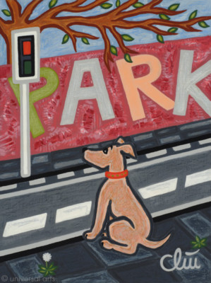 JACQUELINE DITT - Stray Dog going to the Park A4 DRUCK n.Gemälde Hunde Hund dogs