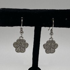 Sterling Silver Crystal Animal Paw Print Shaped Dangle Drop Pierced Earrings