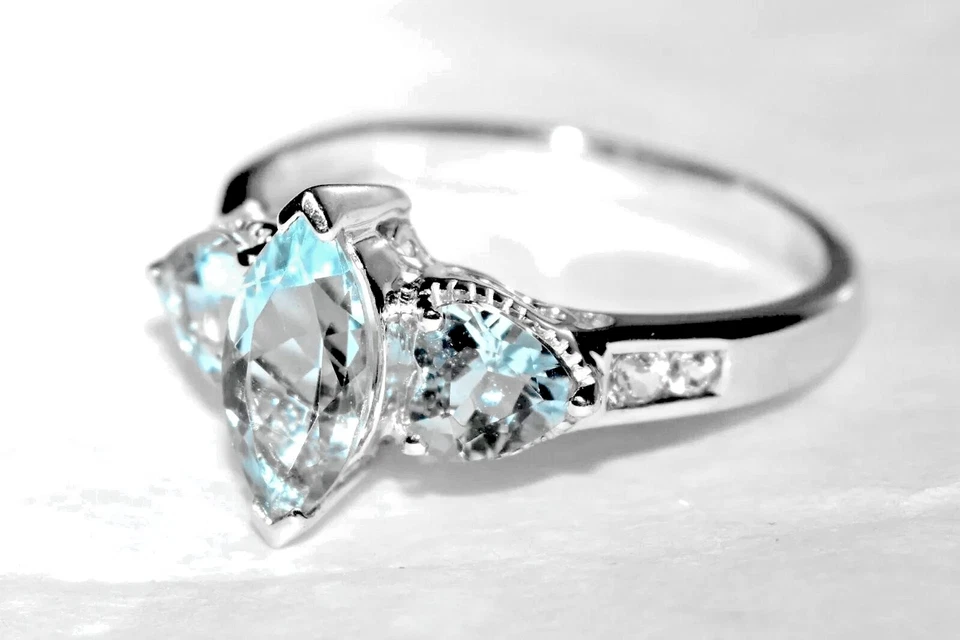 Anillo Santa María Aguamarina y Morganita Oro Blanco 9ct Racimo (2.80g) Talla N/7 Foto 4 de 4