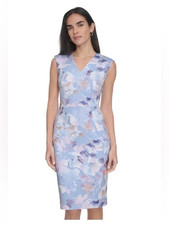 NWT! Blue & White CALVIN KLEIN Floral V-Neck Sleeveless Sheath Dress Size 16