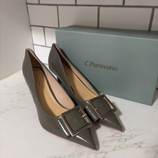 C.Paravano Womens Grey Leather Lambskin Pumps Square Buckle, Size 11.5, New