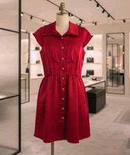 Chanel CC Logo Buttons Burgundy Red Silk Mini Shirt Dress Top Blouse Tunic 38 S