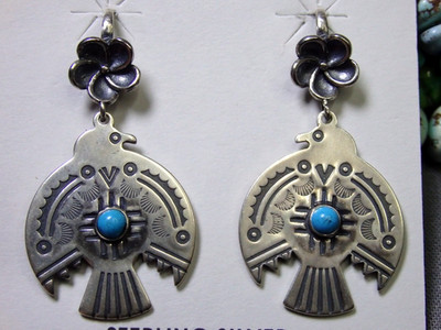 NAVAJO Arizona TURQUOISE Sterling Silver THUNDERBIRD 1.75''Long Earrings 2 sided