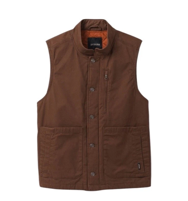 Prana Mens Trembly Vest Stretch Canvas Quilted Lined Stout Brown Utility Size M