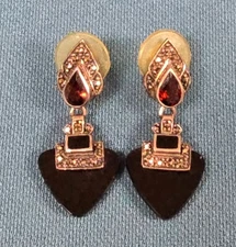 Signed 925 Boma Art Deco Amethyst Red Gem Stone Black Onyx Dangle Earrings