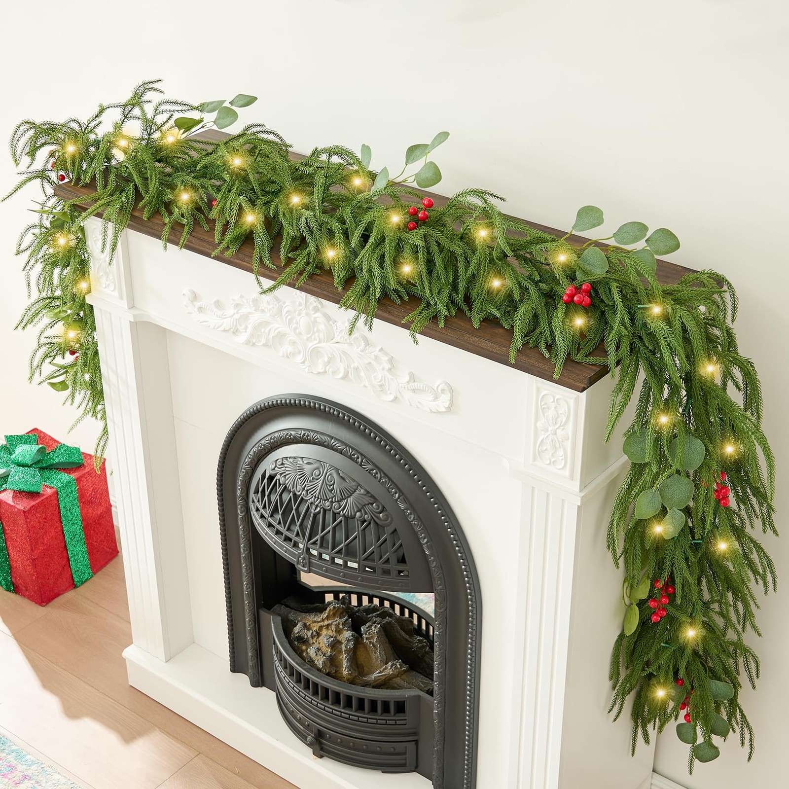 9FT Christmas Garland with Lights, Battery Operated Garland with Red Berries ...
