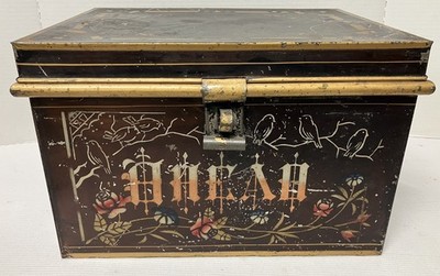 Antique Primitive Tin Bread Box Bin Black Metal Birds Stenciled