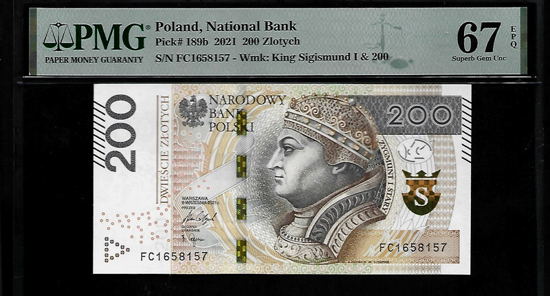 Poland 200 Zlotych 2021 PMG 67 EPQ UNC P#189b King Sigismund I Series FC