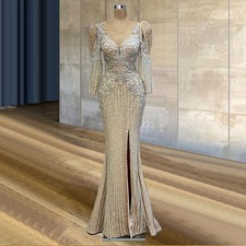 Champagne Beaded Mermaid PromDress V Neck Puff Long Sleeve High Slit EveningGown