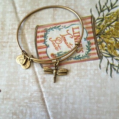 Alex and Ani Gold Tone Wire Bangle Bracelet Dragonfly Dangle Charm Signed