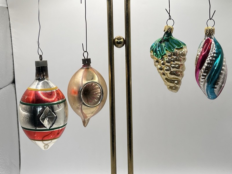Mixed Lot 4 Vintage Glass Christmas Ornaments Diamond Double Indent Fruit