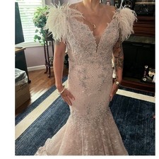 Mac Duggal Blush Pink Lace Sequin Mermaid Gown Feather 2P can be let out to 6P