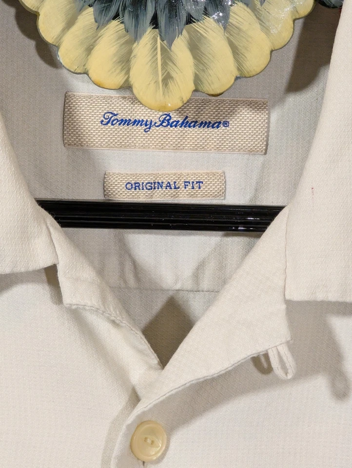 Tommy Bahama Shirt Silk Men’s Size L Beige Original Fit Santiago Sailfish Camp - Image 2 of 4