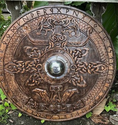 24'' Medieval Copper Antique Handmade Wooden Round Shield For Home Decor Gift