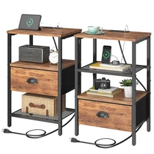 Nightstands Set of 2, Night Stands with Charging Station and Fabric Drawer, B...