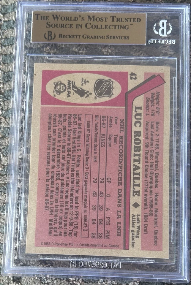 1987-88 O-PEE-CHEE LUC ROBITAILLE #42 RC ROOKIE BGS 9,5 con patio sub 10 Foto 2 de 2