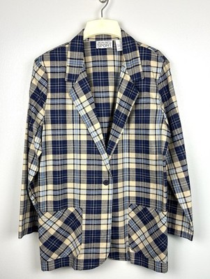 Vintage Jaclyn Smith Sport Blazer 10 Cotton Blue Plaid Preppy Pockets Academia