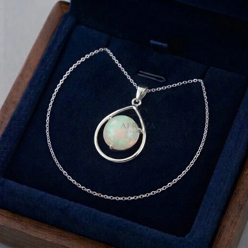 Round Natural Ethiopian Fire Opal Pendant Handmade Sterling Silver Jewelry - product listing photo