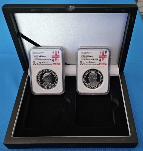 2022 MALTA S3€ 2oz QEII MEMORIAL & KCIII ACCESSION COINS NGC PF70 FDOI (2 COINS)