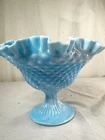 Vtg Fenton Turquoise Blue Hobnail Pedestal Compote Ruffle Milk Slag Glass Bowl