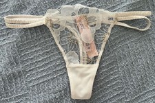 NWT Victoria s Secret Double Strap Lace Mesh Thong Panty White Gold Peony Small