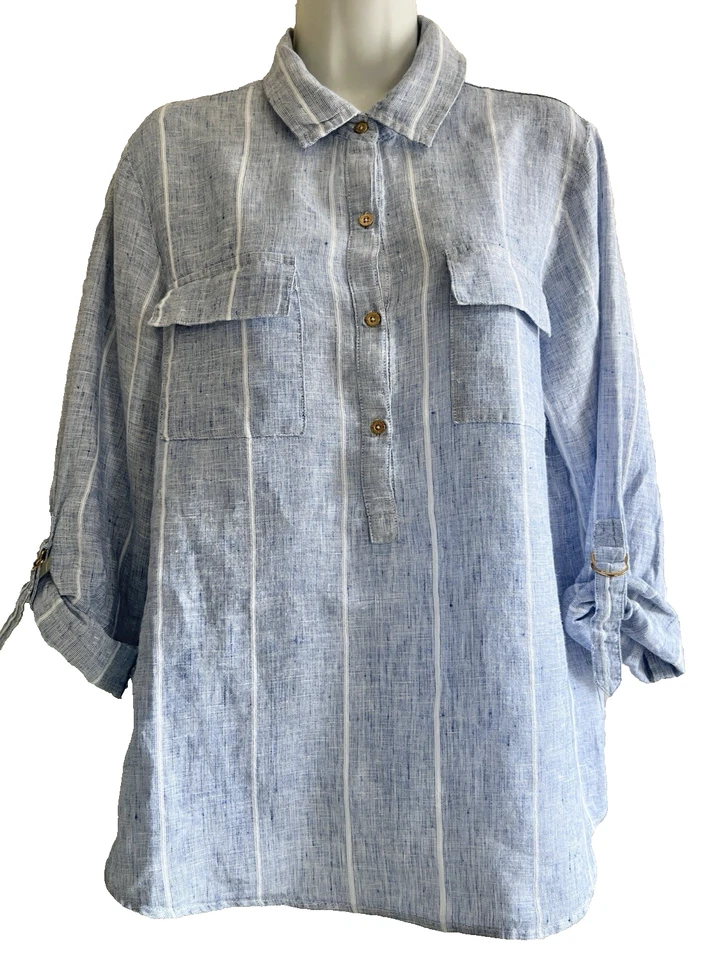 Ellen Tracy Mujer Grande Informal Cuello Botón Lino Azul Foto 3 de 4