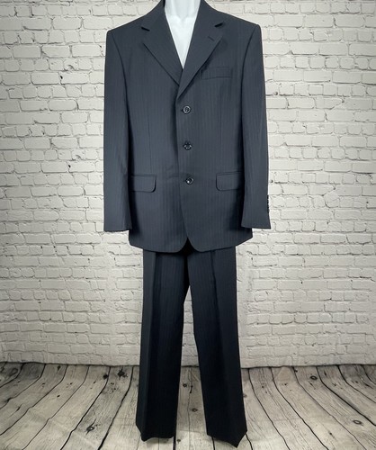 Ensemble costume laine rayée bleu foncé Hacoupian 2 pièces double ventilation taille 50 (ajustement 42R)