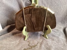 Vintage brown velvet evening clutch purse with gold trim and chain