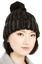 DKNY Designer Women's Flat-Stud Metallic Rib-Knit Chunky Hat Black NEW 92