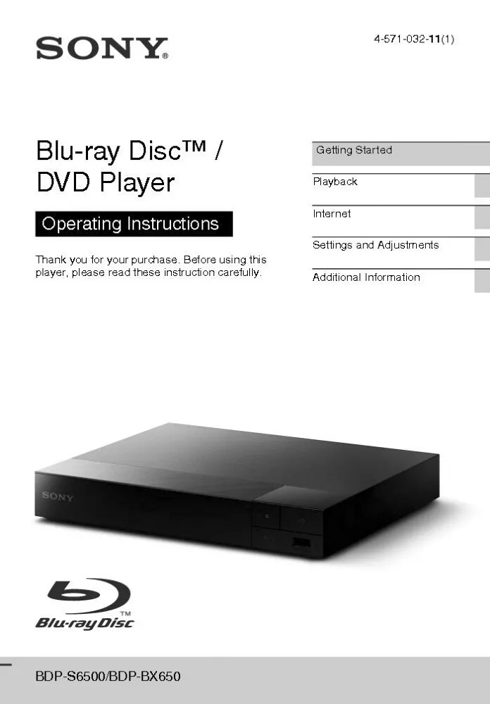 Sony BDP-S6500 Blu-ray Player Owners Manual