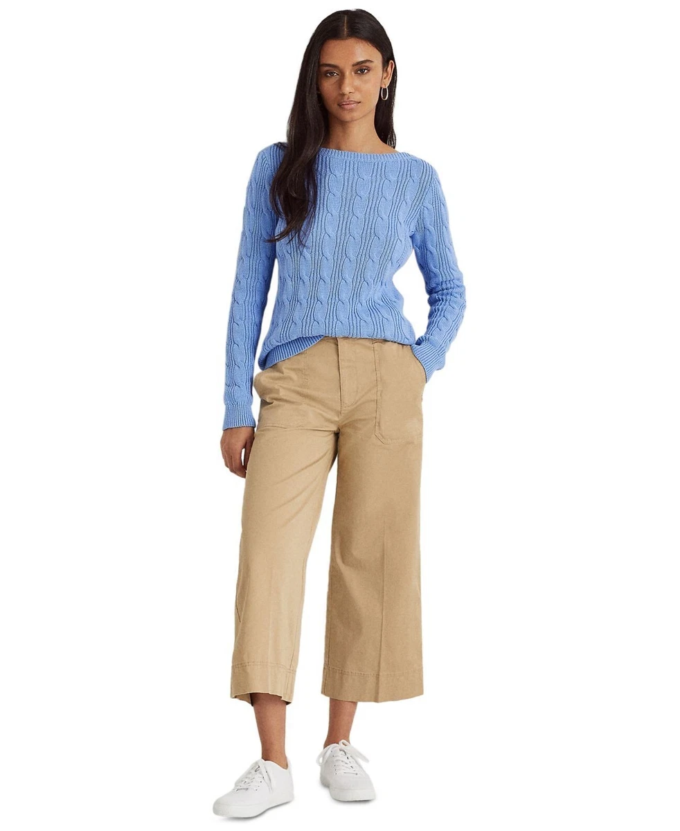 RALPH LAUREN Cropped Pants Size 16 Beige Cotton Twill Pockets Wide Leg Hedley