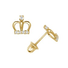 14K Solid Gold 6x6mm Royal Crown Screw back Stud Earrings Sparkling CZ Stones