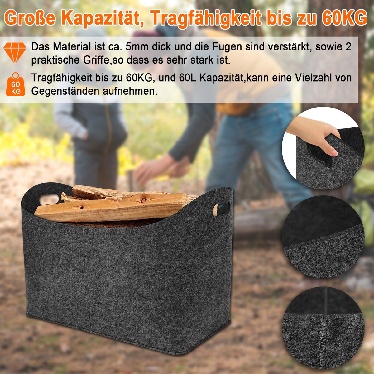 2x Filz-Tasche Kaminholz Tasche für Holz Zeitungs Korb Filz Shopper  Tragetasche