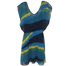 Express Womens Dress Size XS Semi Sheer Lined Blue Green Midi Striped