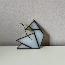 Vintage STAINED GLASS Hanging White Bird Sun Catcher 3.5  x3.5  Whimsical Origami
