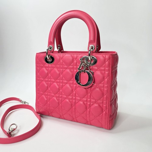 Christian Dior Lambskin Lady Dior Medium Pink Leather Bag W Strap