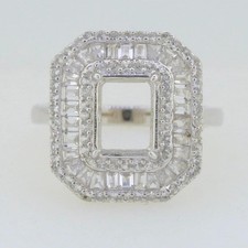 925 Sterling Silver 9x7mm Emerald Cut Semi Mount Ring Baguette Double Halo Ring