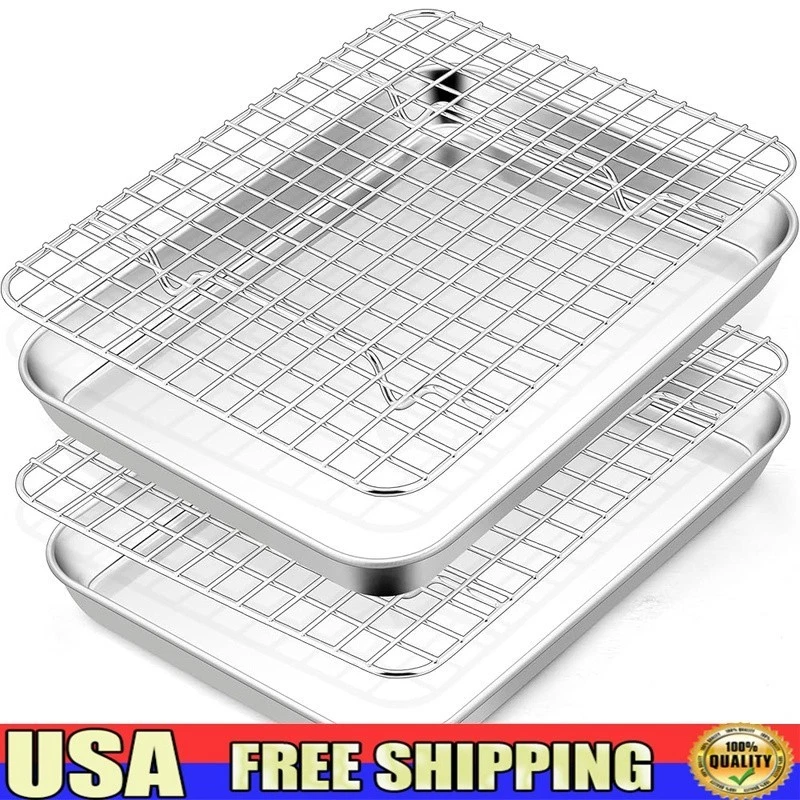 Healthy Stainless Steel Toaster Oven Pan Set Rack Nonstick Baking Cookware New