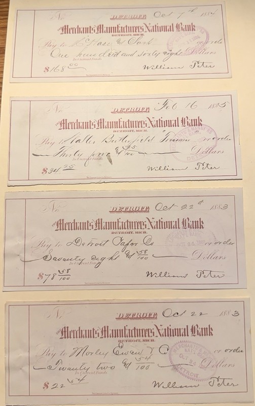 1883 Detroit MI, Merchants Manufacturers National Bank, (4) Checks, Wayne County