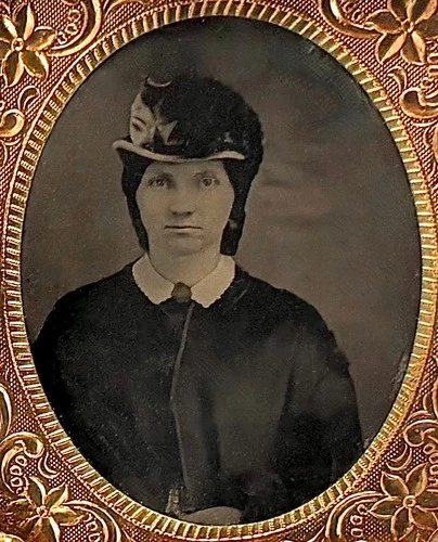 1/9th Plate Tintype - Woman in Fancy Hat - Revenue Stamp - Union Case