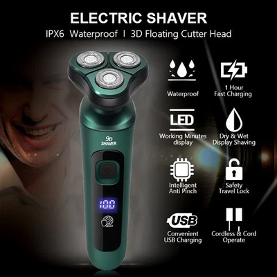 Mens Electric Shaver Razor Wet/Dry Rechargeable Rotary Cordless USB Charging UK