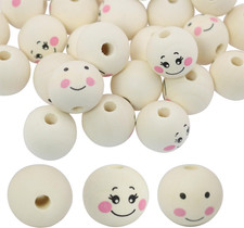 50PCS Smile Face Wood Beads 20Mm round Natural Wood Beads with Painted Faces for