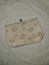 Vintage Lumured Beaded Clutch Kiss Lock Gold Hardware Pastels Floral